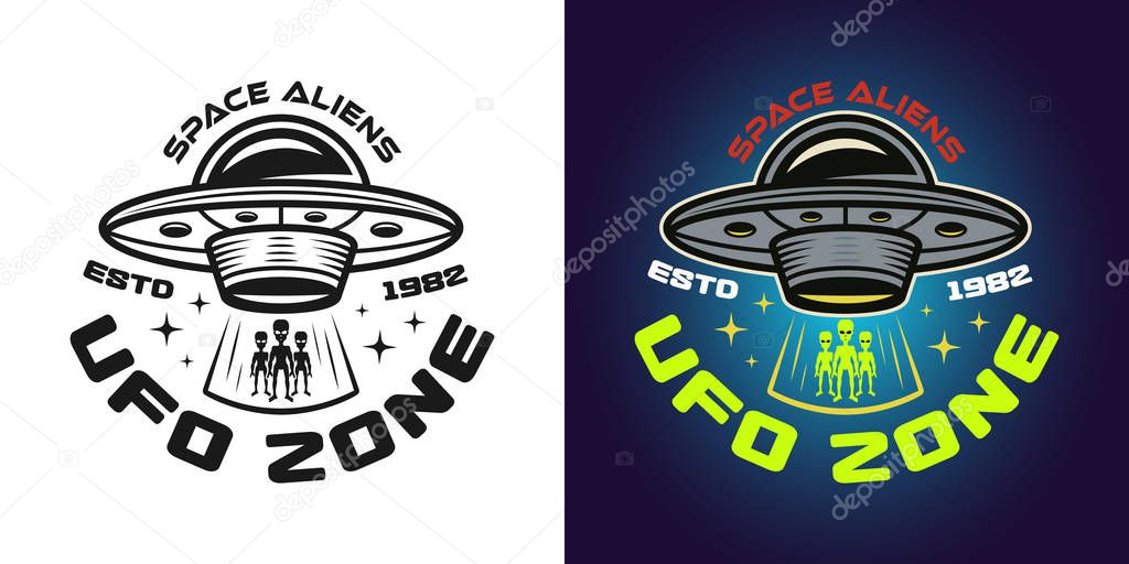 Ufo zone vector emblem, badge, label, logo or t-shirt print in two styles monochrome and colored