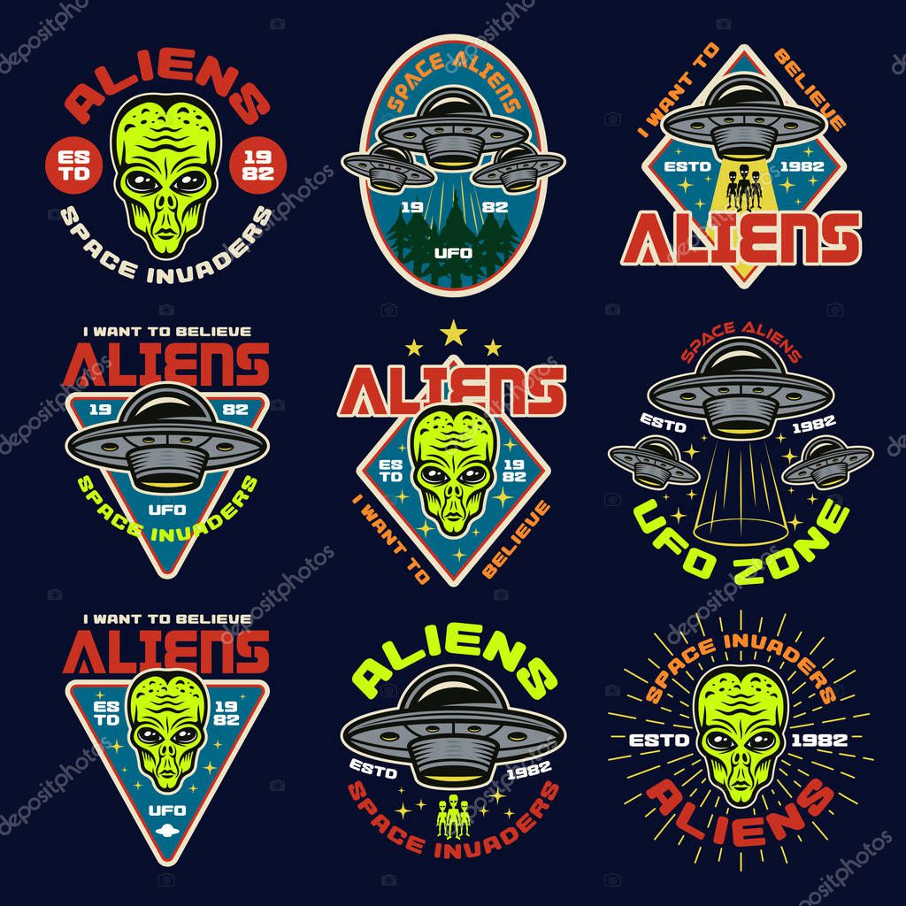 Aliens and ufo set of nine colored emblems, labels, badges, stickers or prints. Vector illustration in vintage style