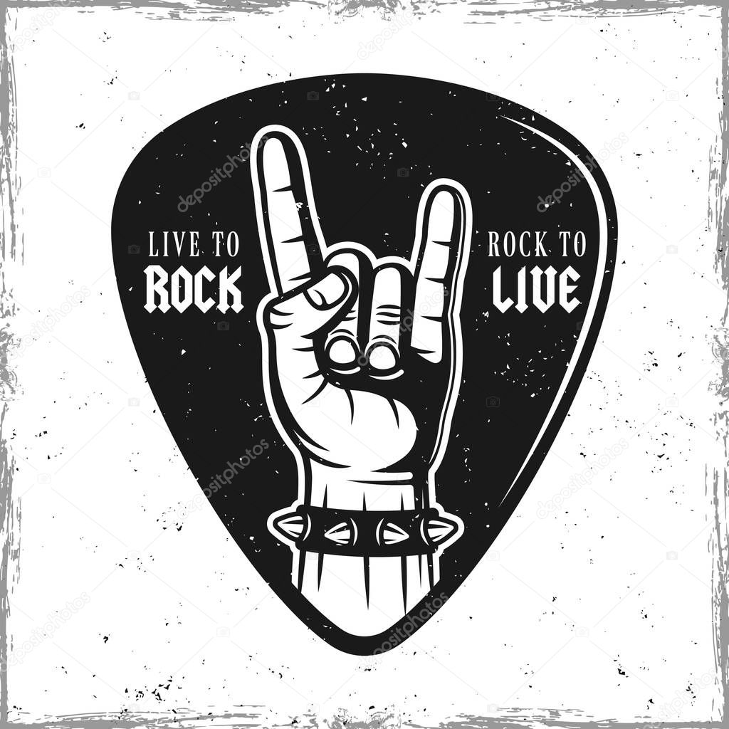 Guitar pick or mediator with heavy metal horns hand gesture. Vector design template isolated on background with removable textures