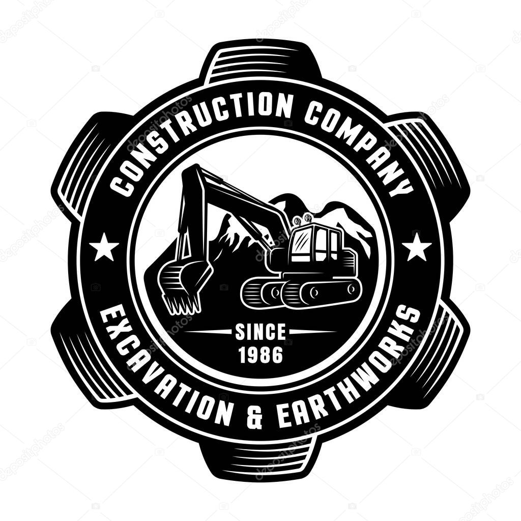 Excavator silhouette vector round black emblem, badge, label or patch isolated on white background