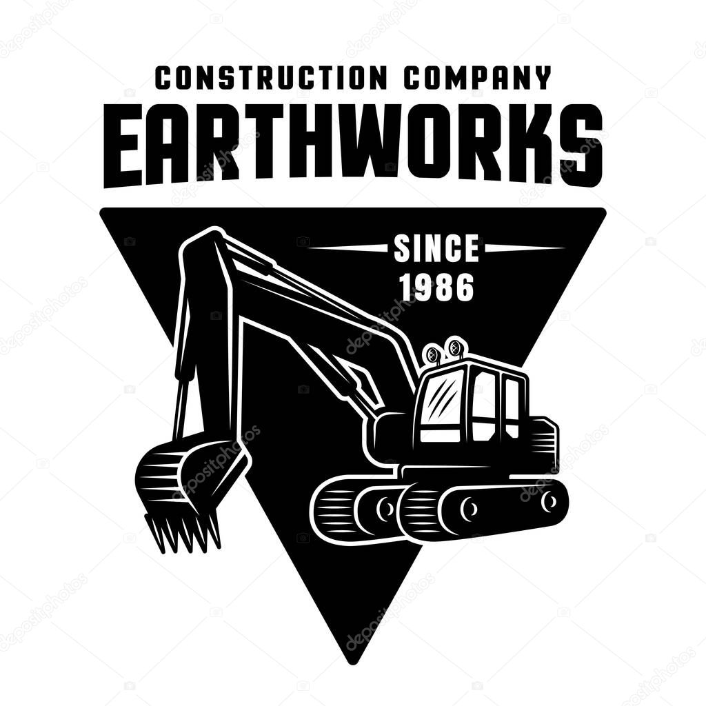 Excavation and earthworks vector black emblem, badge, label or patch isolated on white background