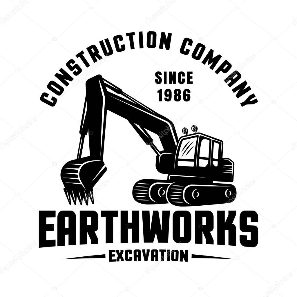 Earthworks vector black emblem, badge, label or patch with excavator. Template for construction company isolated on white background