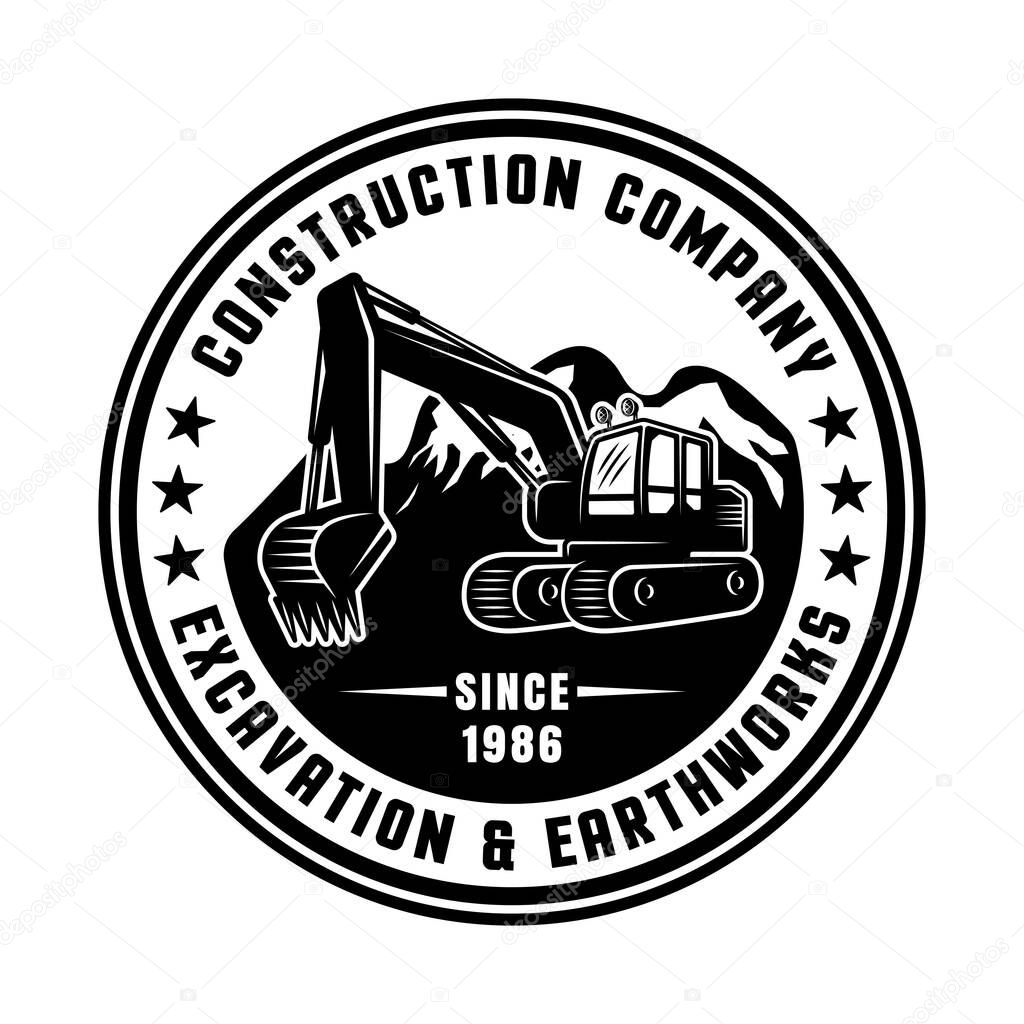 Excavator and mountains vector round black emblem, badge, label or patch isolated on white background