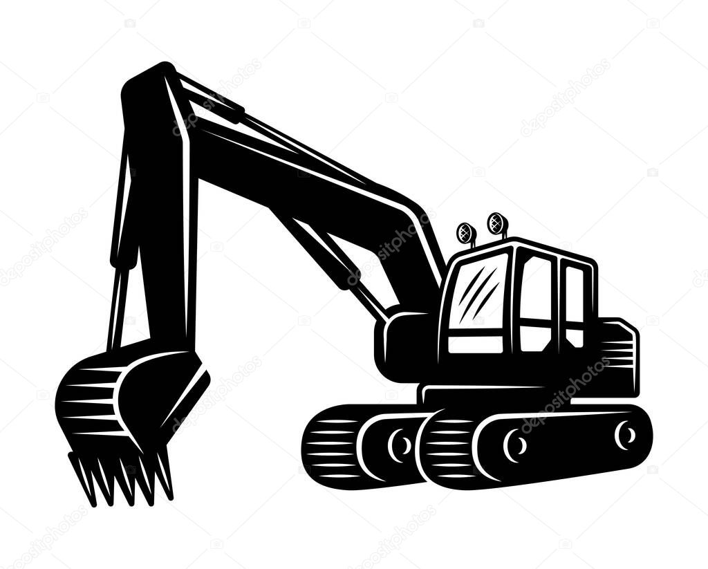Excavator silhouette vector black object or design element isolated on white background