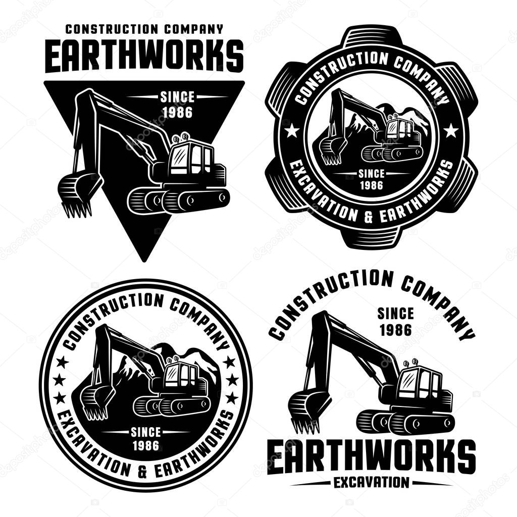 Excavator and earthworks set of four vector black emblems, badges, labels or logos for construction company isolated on white background
