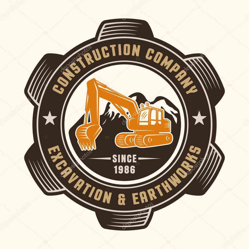 Excavator vector colored round gear emblem, badge, logo, label or patch isolated on light background