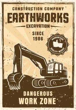 Earthworks vector vintage poster with excavator clipart