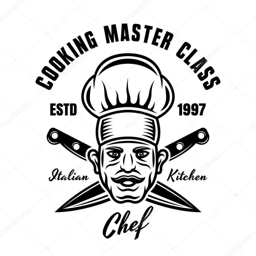 Master chef vector cooking emblem, badge, label or logo. Cook and two crossed kitchen knives vintage monochrome style illustration isolated on white background
