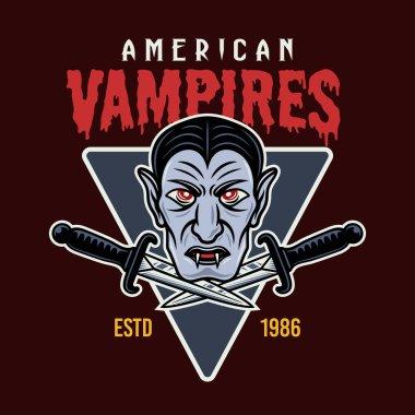 Vampir kafası ve iki hançer renkli vektör amblemi.