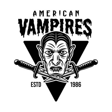 Drakula kafası ve iki hançer vektör vintage amblemi.