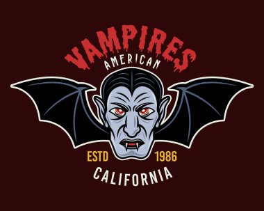 Yarasa kanatlı Drakula kafası renkli vektör amblemi