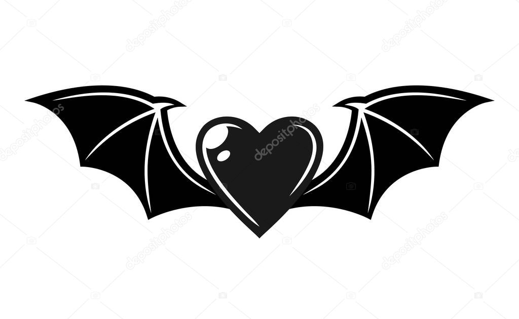 Heart with bat wings vector tattoo style black illustration isolated on white background