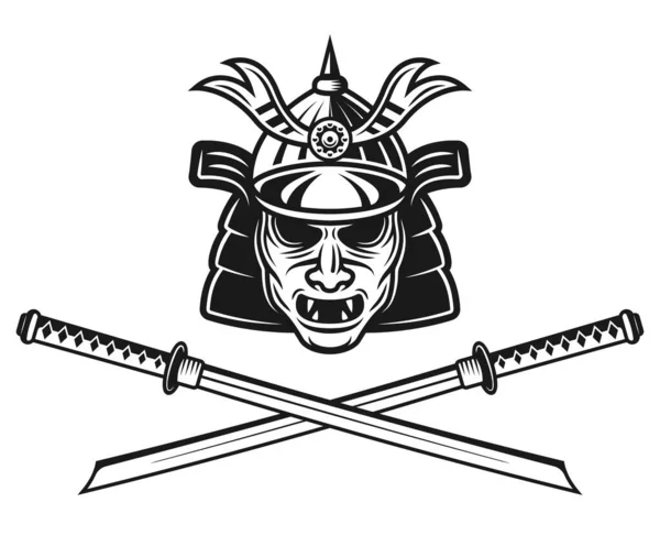 Máscara de samurai y dos espadas cruzadas katana vector — Vector de stock