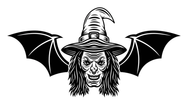Tête de sorcière avec ailes de chauve-souris illustration vectorielle — Image vectorielle