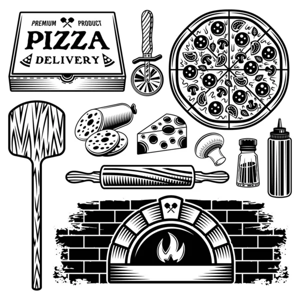 Siyah nesneler ve elementlerden oluşan pizza kümesi — Stok Vektör