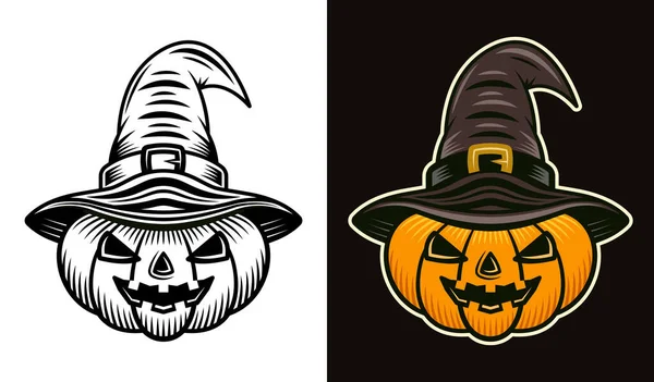 Calabaza de Halloween en sombrero de bruja vector de dos estilos — Vector de stock