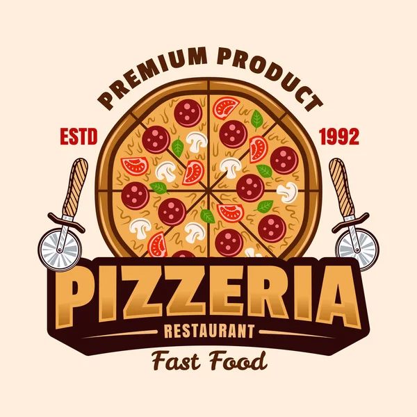 Pizzeria διάνυσμα έμβλημα ή λογότυπο σε πολύχρωμο στυλ — Διανυσματικό Αρχείο