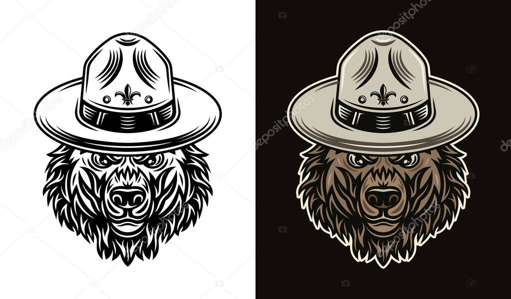 Bear head in scout hat two styles vector objects