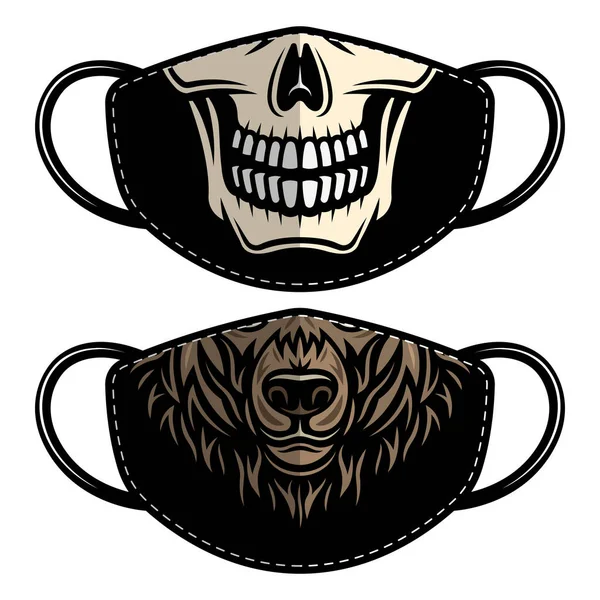 Diseños mascarilla protectora con oso y cráneo — Archivo Imágenes Vectoriales