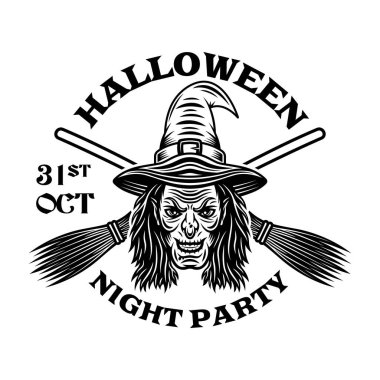 Cadı kafası ve süpürgeli Cadılar Bayramı vektör amblemi