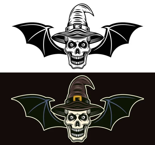Teschio di strega in cappello con ali di pipistrello due stili — Vettoriale Stock
