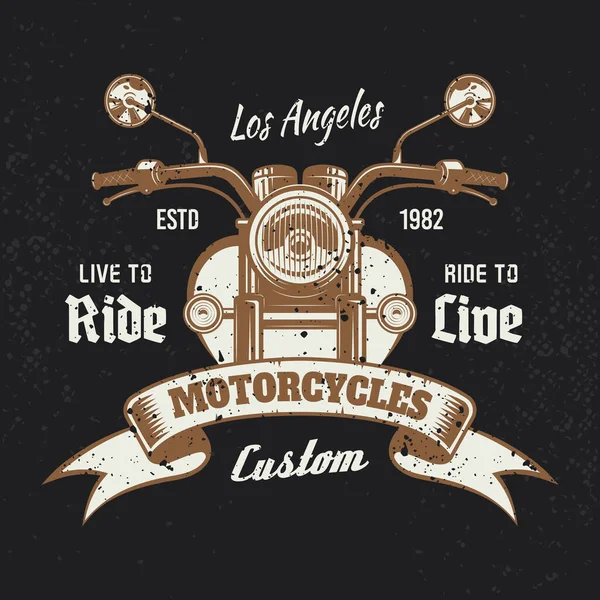 Motocicleta vista frontal emblema vintage en la oscuridad — Archivo Imágenes Vectoriales