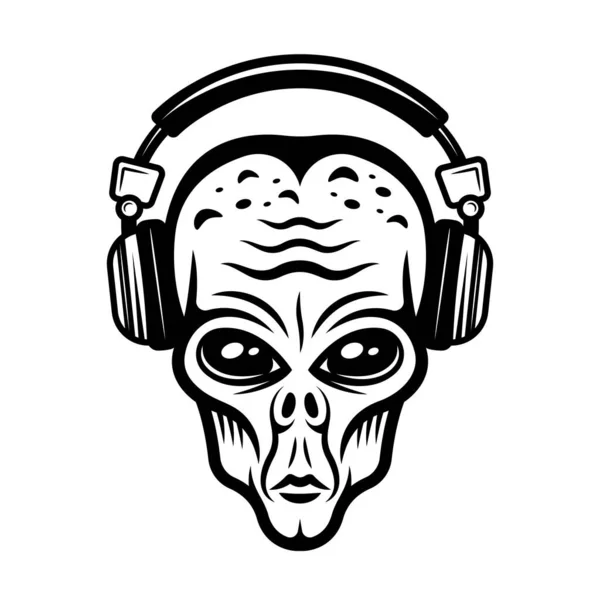 Alien head w słuchawki wektor czarny ilustracja — Wektor stockowy