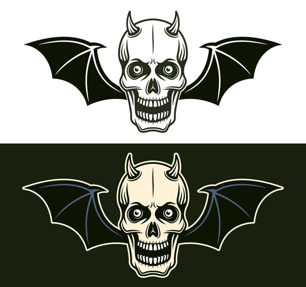 Horned devil skull with bat wings in two styles — Stock Vector