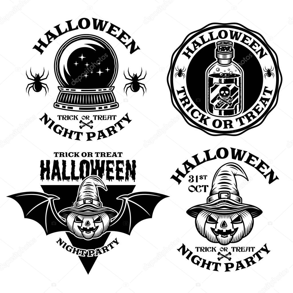 Halloween set of vector emblems, labels, badges or logos in vintage monochrome style isolated on white background
