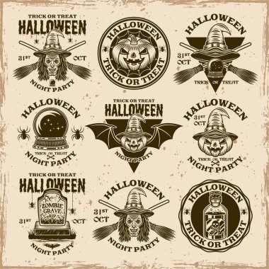 Cadılar Bayramı vektör vintage amblem veya rozet seti