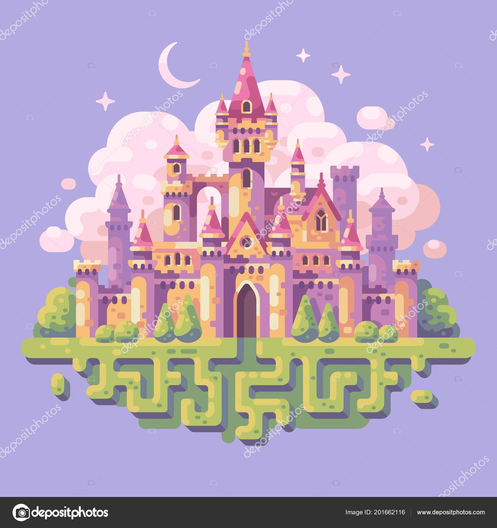 Fairy Tale Princess Castle Flat Illustration Fantasy Landscape