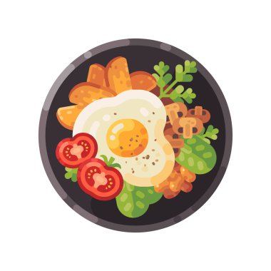 Lezzetli breakfast düz illüstrasyon. Omlet, domates, patates kızartması, mantar ve salata ile çanak. 