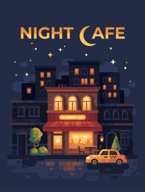 Gece sokak kafe poster düz illüstrasyon