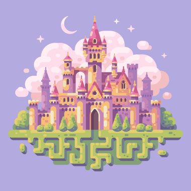 Fairy tale princess castle flat illustration. Fantasy landscape background clipart