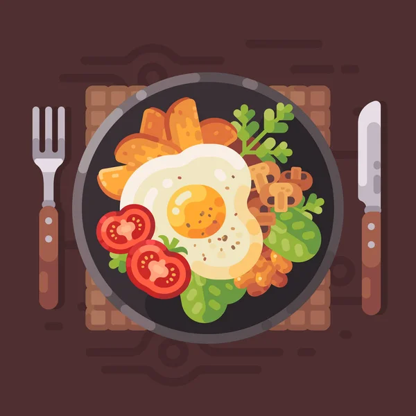 美味的早餐平面矢量插图 带煎蛋 西红柿 炸土豆 蘑菇和豆子的盘子 — 图库矢量图片