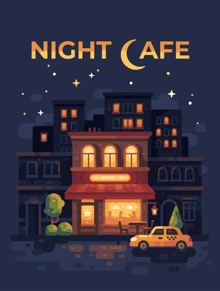 Night Street Cafe Poster Flat Illustration — Stock Vector