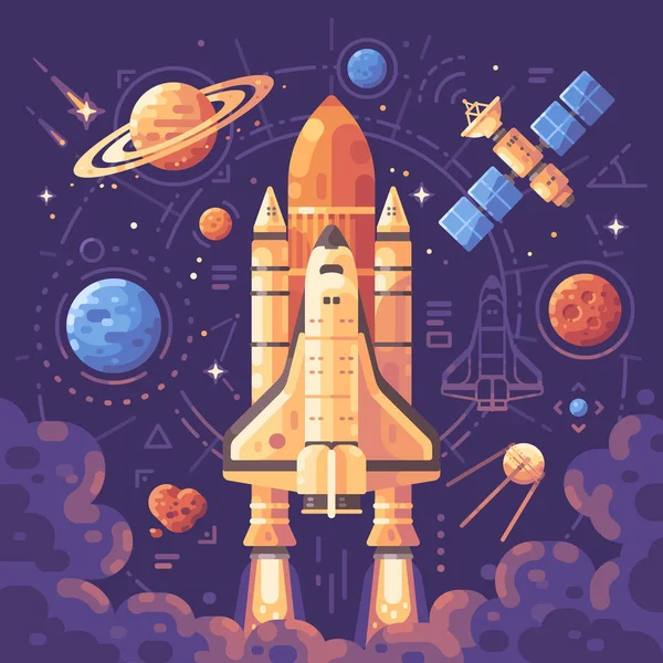 Concepto Exploración Espacial Objetos Espaciales Ilustración Plana Fondo Lanzamiento Del — Archivo Imágenes Vectoriales