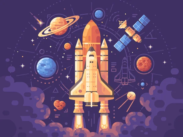 Space Exploration Concept Space Objects Flat Illustration Shuttle Launch Background — Stock Vector