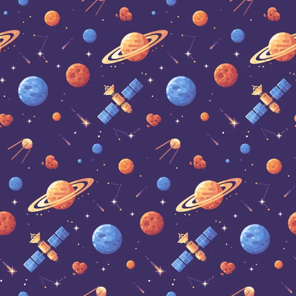 Space icons seamless pattern. Space exploration purple background