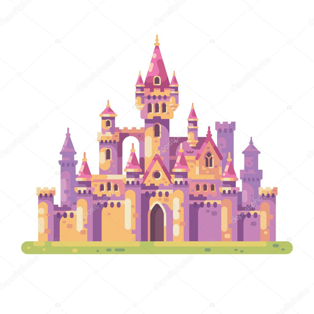 Fairy tale princess castle. Medieval palace flat illustration.