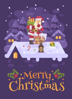 Neşeli Noel Baba hediyeleri Noel gecesi dolu bir çanta ile baca içine tırmanma çatıda. Mor kış düz illüstrasyon tebrik kartı