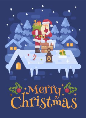 Neşeli Noel Baba hediyeleri Noel gecesi dolu bir çanta ile baca içine tırmanma çatıda. Mavi kış düz illüstrasyon kart