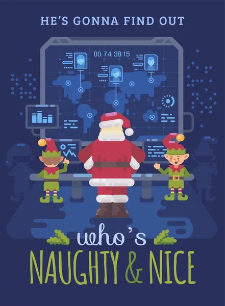 Kerstman Zijn Elfen Santa Controlekamer Zoek Naar Een Groot Scherm — Stockvector