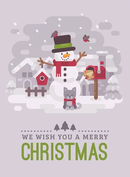 メールボックス 雪に覆われた冬の村で巣箱が幸せな雪だるま クリスマス グリーティング カード フラット イラスト メリー クリスマスをします — ストックベクタ