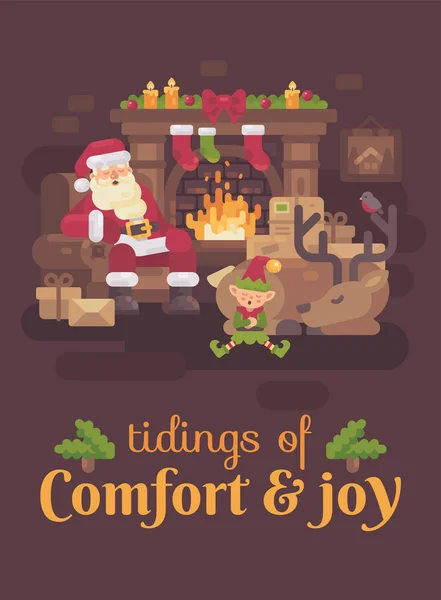 疲れたサンタ クロース トナカイとクリスマスにハードな一日の後 暖炉のそばで眠っているエルフ 新年のグリーティング カード — ストックベクタ