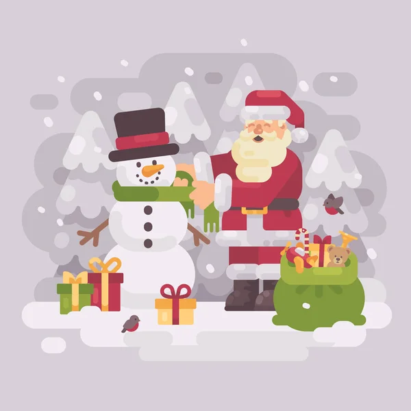Gelukkig Santa Claus Een Sjaal Geven Een Schattige Sneeuwpop Kerst — Stockvector