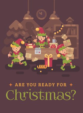 Meşgul Noel Baba ofisi. Elf işçileri taşıyan sunar ve harfleri ve telefonlara Noel arifesinde çağırır. Tatil düz illüstrasyon tebrik kartı