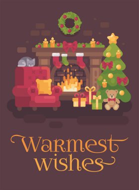 Rahat bir şömine, kırmızı koltuk, hediye ile bir Noel ağacı ve uyuyan bir kedi Noel oda dekore edilmiştir. Tatil düz illüstrasyon tebrik kartı