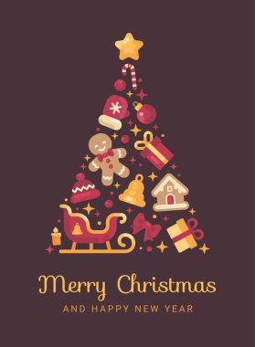 Kırmızı ve altın Noel Noel ve kış yapılmış ağaç öğeleri. Yeni yıl tebrik kartı.