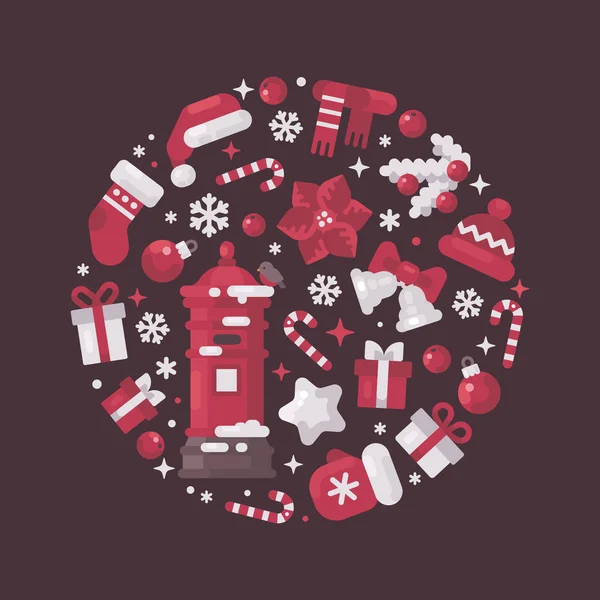 Composición Círculo Rojo Blanco Hecha Elementos Navideños Año Nuevo — Vector de stock